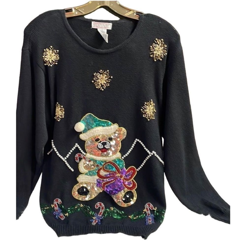 Lindsay Blake Vintage Ugly Christmas Sweater S Sequin Beaded Teddy Bear Holiday